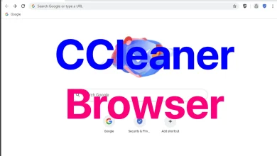 A web browser window is open on the Google homepage. The words "CCleaner Browser" are prominently displayed in front of the page, with "CCleaner" in blue text and "Browser" in pink text. The browser menu and address bar, characteristic of CCleaner Browser, are visible at the top.