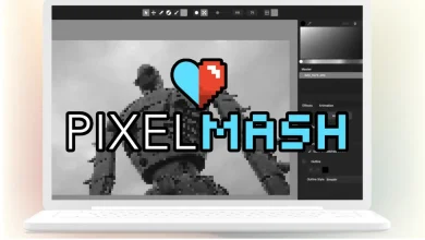 A laptop screen displays the Pixelmash software window. The application's interface shows a grayscale image of a large robot with various editing tools and options on the right side. Overlaid on the robot image is the Pixelmash logo featuring a heart icon.