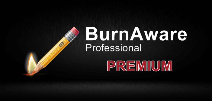 A pencil with a burning tip is featured on the left side against a dark background. On the right, the words "BurnAware Professional" are written in white, with "PREMIUM" in red capital letters below them. This design captures the essence of BurnAware Professional's premium patch release.