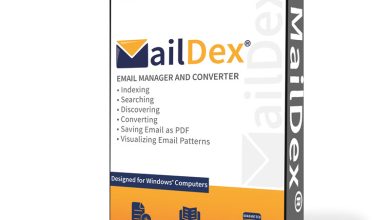 A product box for Encryptomatic MailDex by AppDoze. The packaging features the MailDex logo and text describing the software's capabilities: indexing, searching, discovering, converting, saving emails as PDF, and visualizing email patterns. Designed for Windows computers.