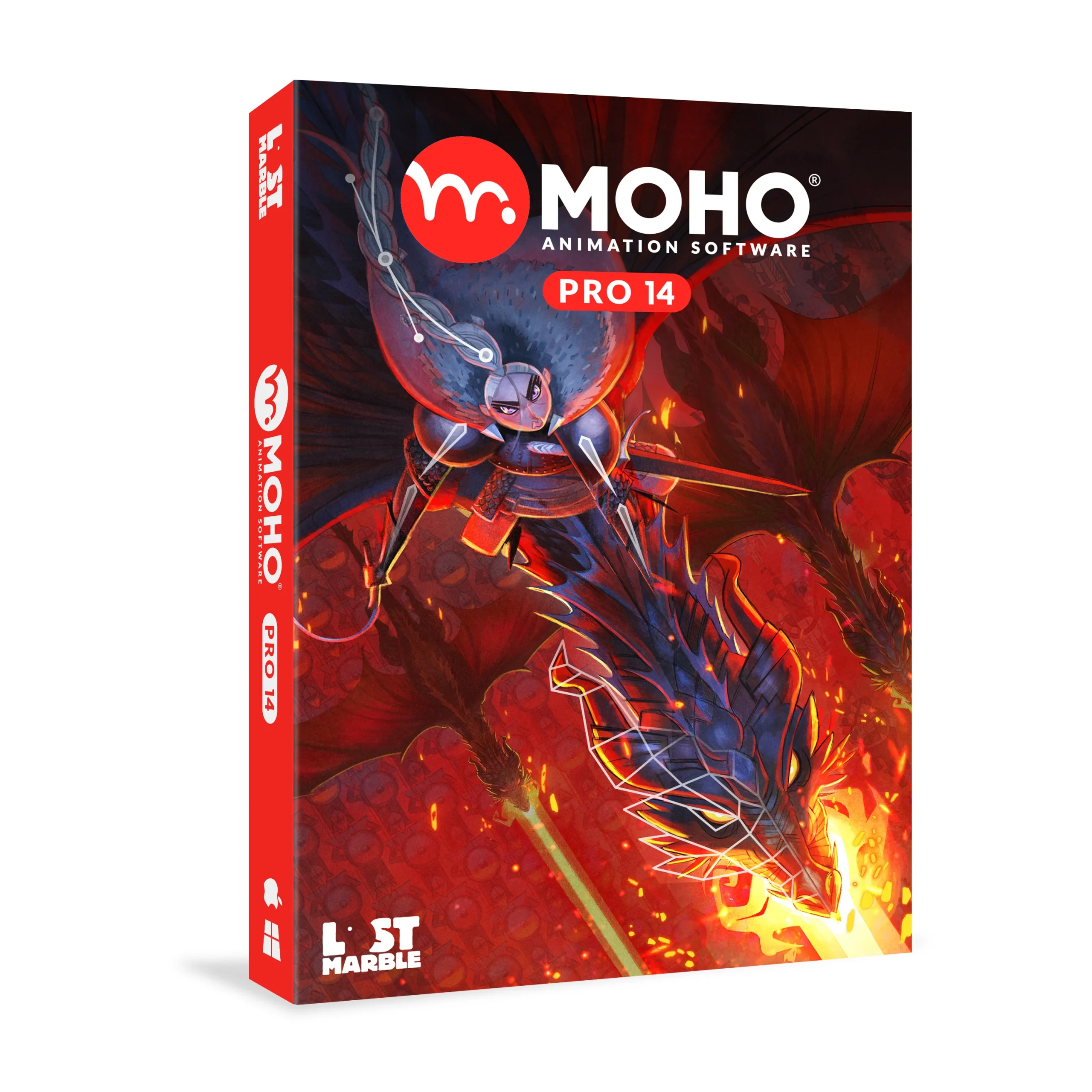 The image shows the packaging for Moho Pro v14.2, an animation software by Lost Marble. The cover features dynamic artwork of a knight battling a fiery dragon with a sword. The software name and version are prominently displayed at the top, and the Lost Marble logo is at the bottom.